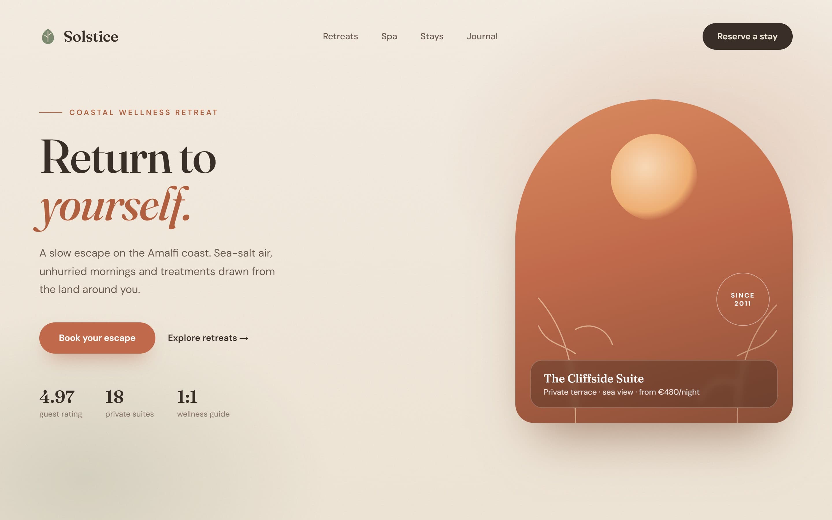 Example homepage design for a coastal wellness retreat: warm, organic, editorial